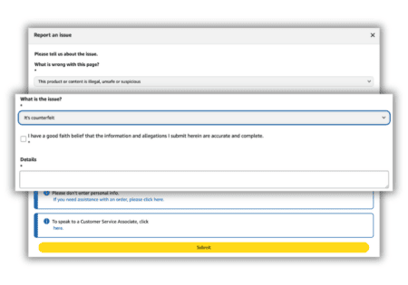 A visual guide detailing the required fields for reporting a website to Amazon.