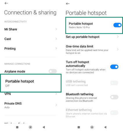 Android Connection and sharing screen showing Portable hotspot option toggled on in hotspot settings