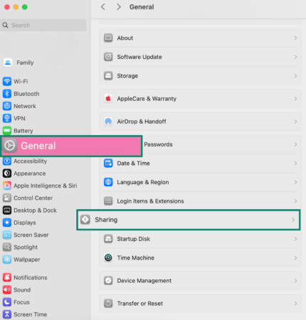 Mac system settings showing how to navigate to Sharing options under General to disable file sharing.