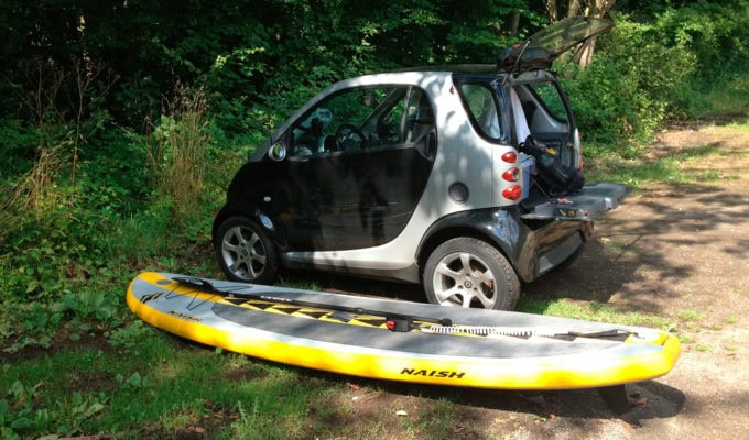 Inflatable paddle boards can fit in any size of vehicle large inflatable that can fold up and fit into a small smart car
