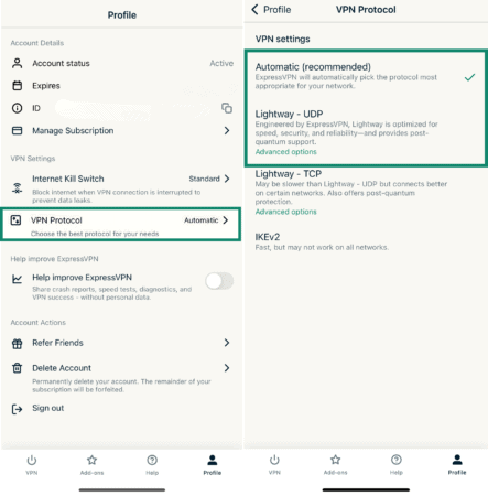 On the left: ExpressVPN profile settings showing account status, VPN protocol, and account actions; on the right: VPN Protocol settings screen with Automatic selected and Lightway protocol options displayed.