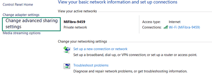 Windows Settings screen showing advanced network sharing settings.
