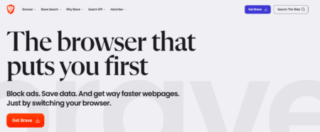 The Brave browser home page, showing the Get Brave button.