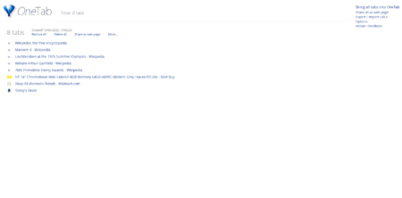 OneTab in action, showing how it converts tabs into a convenient list.
