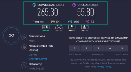 Speedtest results block showing speeds and ping with VPN on.