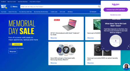 A screenshot showing the Rakuten Chrome extension in action, offering cashback to the user.