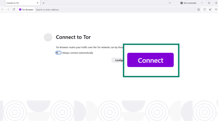 The welcome page of the Tor Browser, showing the Connect button.