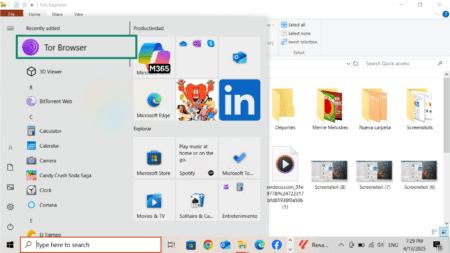 Start menu on Windows showing the Tor Browser listed under recently added apps.