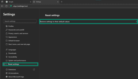 Edge Settings menu with the Reset settings and Restore settings to their default values buttons highlighted.