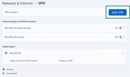 The Windows VPN settings, with the Add VPN button highlighted.