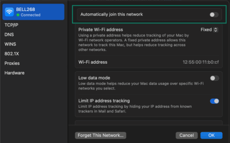 Wi-Fi settings on Mac showing the option to disable "Automatically join this network" for added security.