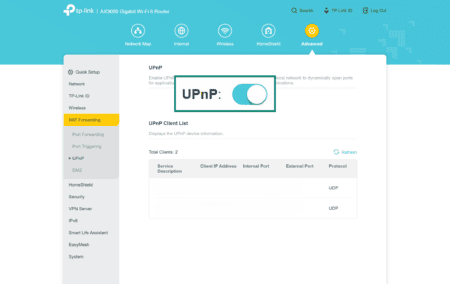 Router advanced settings showing Universal Plug-n-Play toggle
