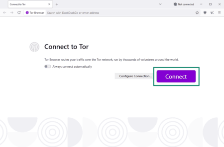 Tor browser window with the Connect button highlighted