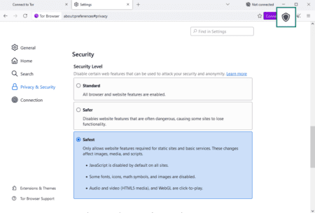 Tor browser Privacy & Security settings window with the Safest security level highlighted