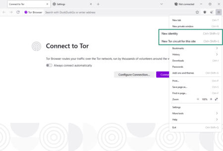 Tor browser application menu with the New identity and New Tor circuit for this site options highlighted