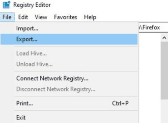 Windows Registry Editor File menu with the Export option highlighted.