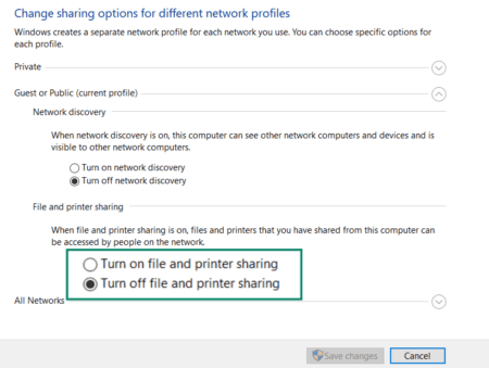 Windows Settings showing how to disable file sharing under advanced network sharing settings.