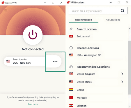 ExpressVPN app with the three-dots button enlarged and a list of servers