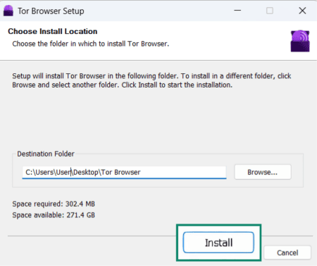 The installation window for the Tor browser.