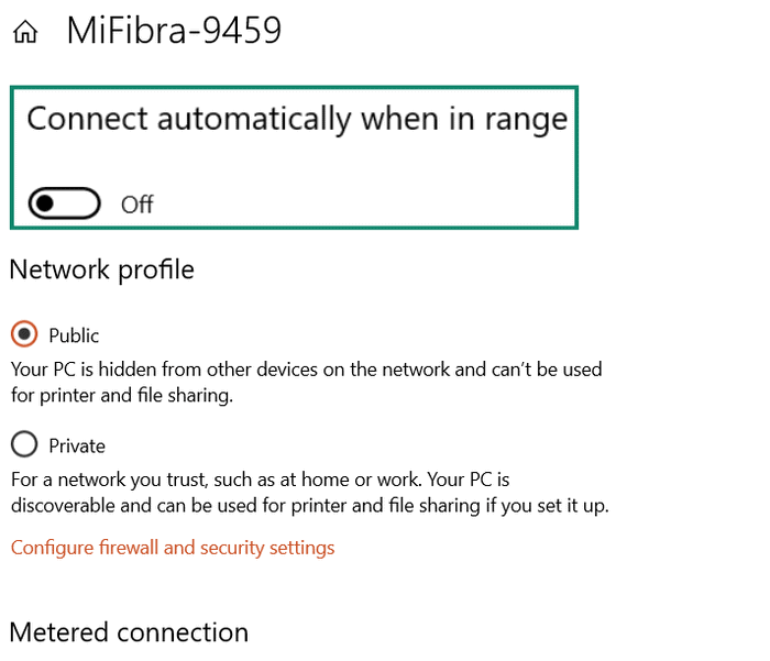 Windows screen showing how to toggle off Connect automatically when in range.