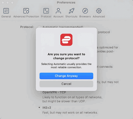 The ExpressVPN protocol change screen, with the Change Anyway button highlighted.