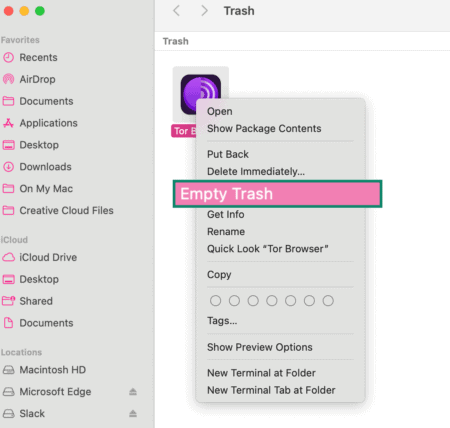 Right-click menu showing 'Empty Trash' option selected after moving Tor Browser to Trash on macOS
