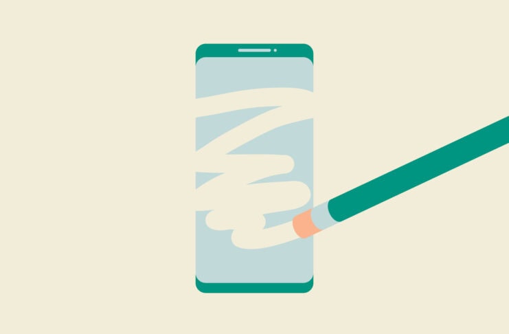 Pencil eraser wiping a smartphone.