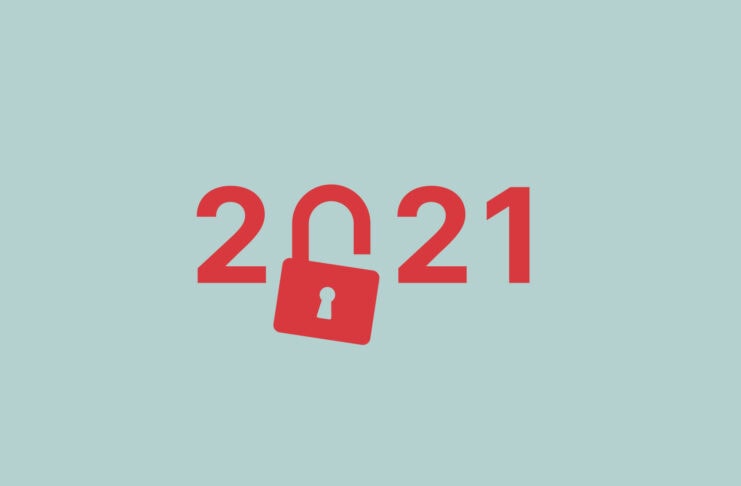 The year 2021 with an open padlock replacing the zero.