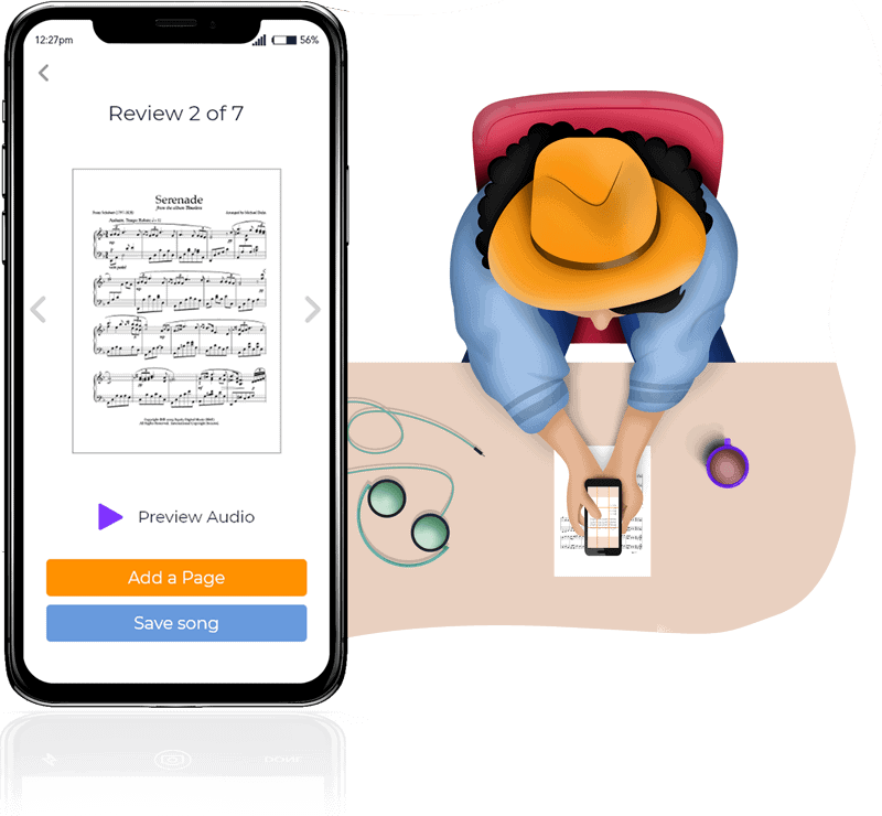 Person using the sheet music scanner function within the Harmony Helper app