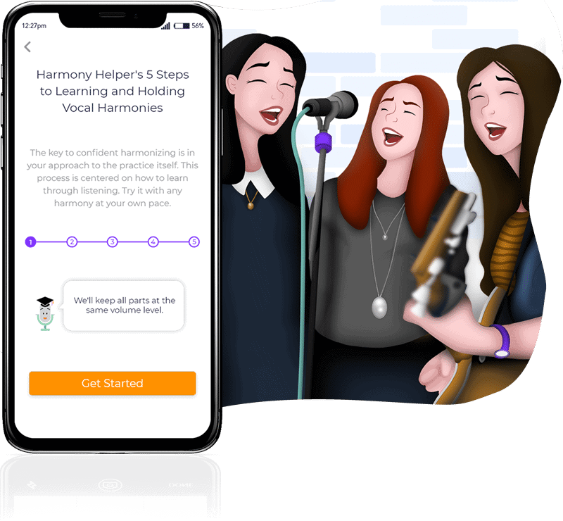 Three people singing and performing together using the Harmony Helper app