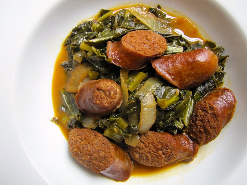 Beer-Braised Chorizo with Garlic, Onions and Greens