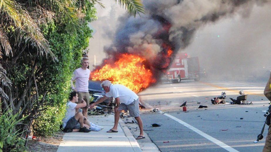 Scene of a Tesla Model S crash which engulfed in flames