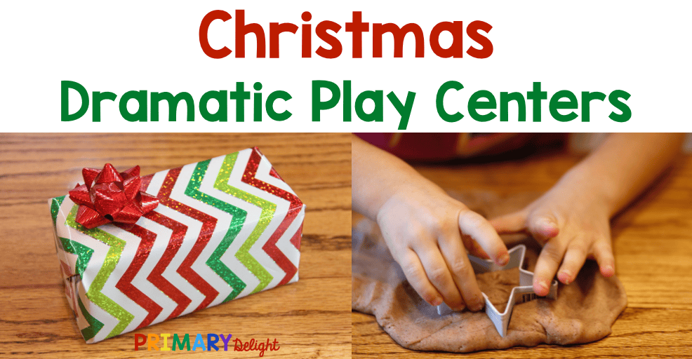 Photos of a wrapped Christmas gift and a child playing with gingerbread play dough. Text says: Christmas Dramatic Play Centers.