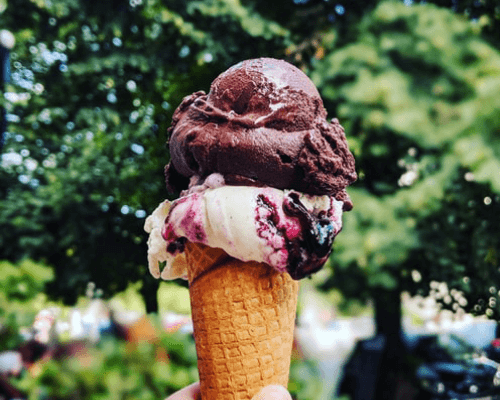 sorvete de duas bolas super saboroso de chocolate com frutas vermelhas sabor natural sorvetes