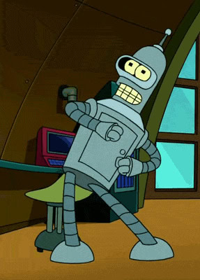 I solemnly swear to do a robot dance every time someone sends me a manuscript that features a robot. The robot Bender from Futurama dancing.