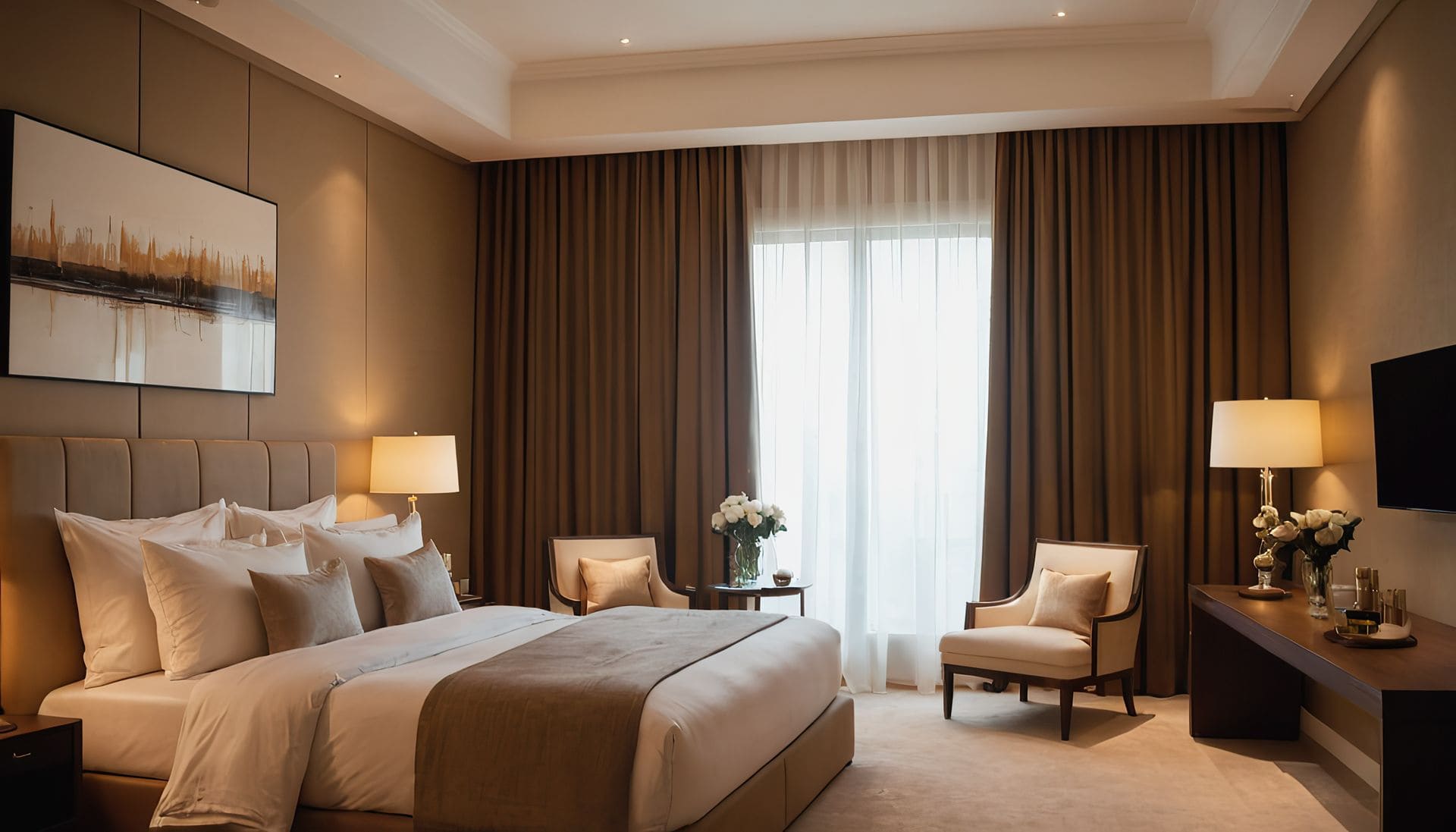 bed with white sheets pillows hotel room with painting wall it chair