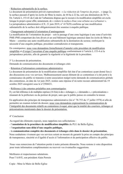 LETTRE AU PRÉFET DE L&rsquo;OISE    sur la nécessité d’organiser une enquête publique et de communiquer tous les documents relatifs à la modification simplifiée du PLU de Belle-Église.