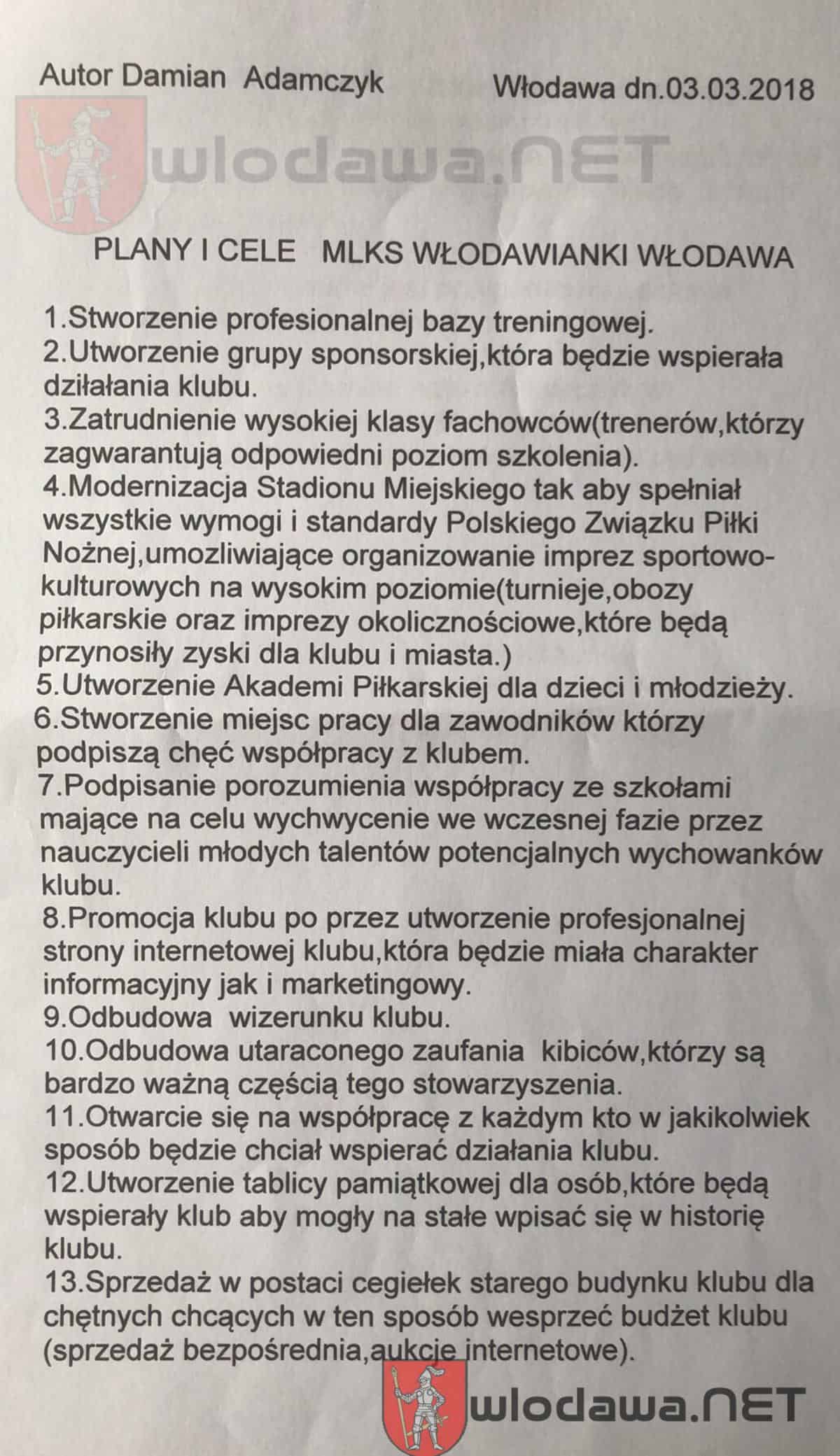 Włodawianka - Oświadczenie nowego prezesa klubu Damian Adamczyk