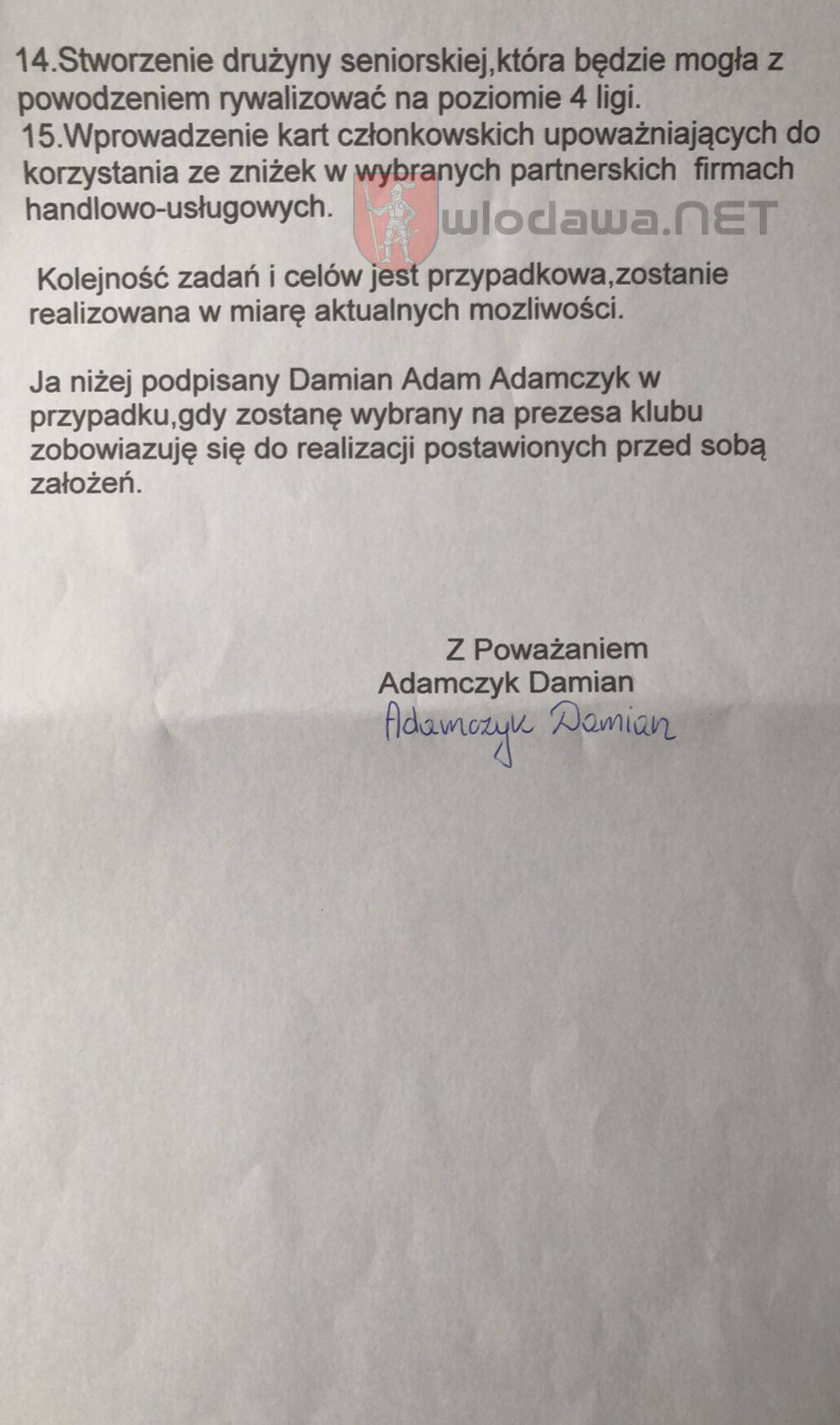 Włodawianka - Oświadczenie nowego prezesa klubu Damian Adamczyk