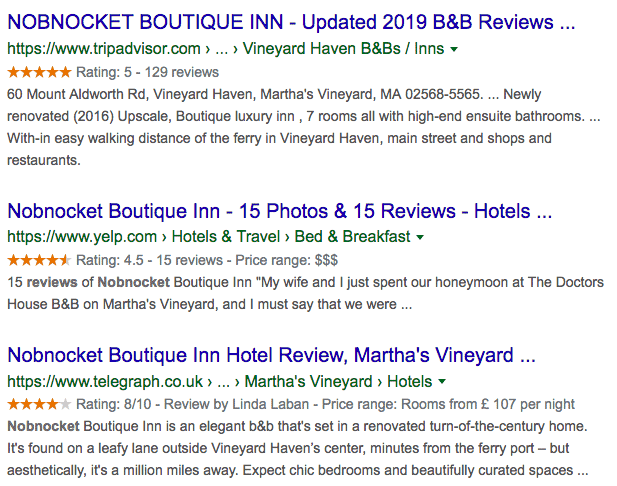 SERPs screenshot showing the Nobnocket Boutique Inn with star ratings on TripAdvisor, Yelp and a review from the Telegraph newspaper in the UK