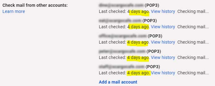 Gmail's check mail from other accounts interface, showing 4 days since last fetch