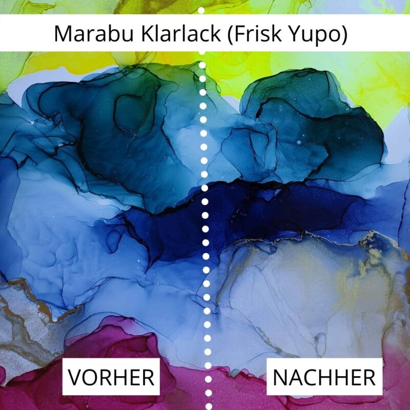 Ergebnis Marabu Klarlack auf Fluids Pads: Farbveränderung im gelben Bereich und kleine weisse Punkte. (Alcohol Ink versiegeln)