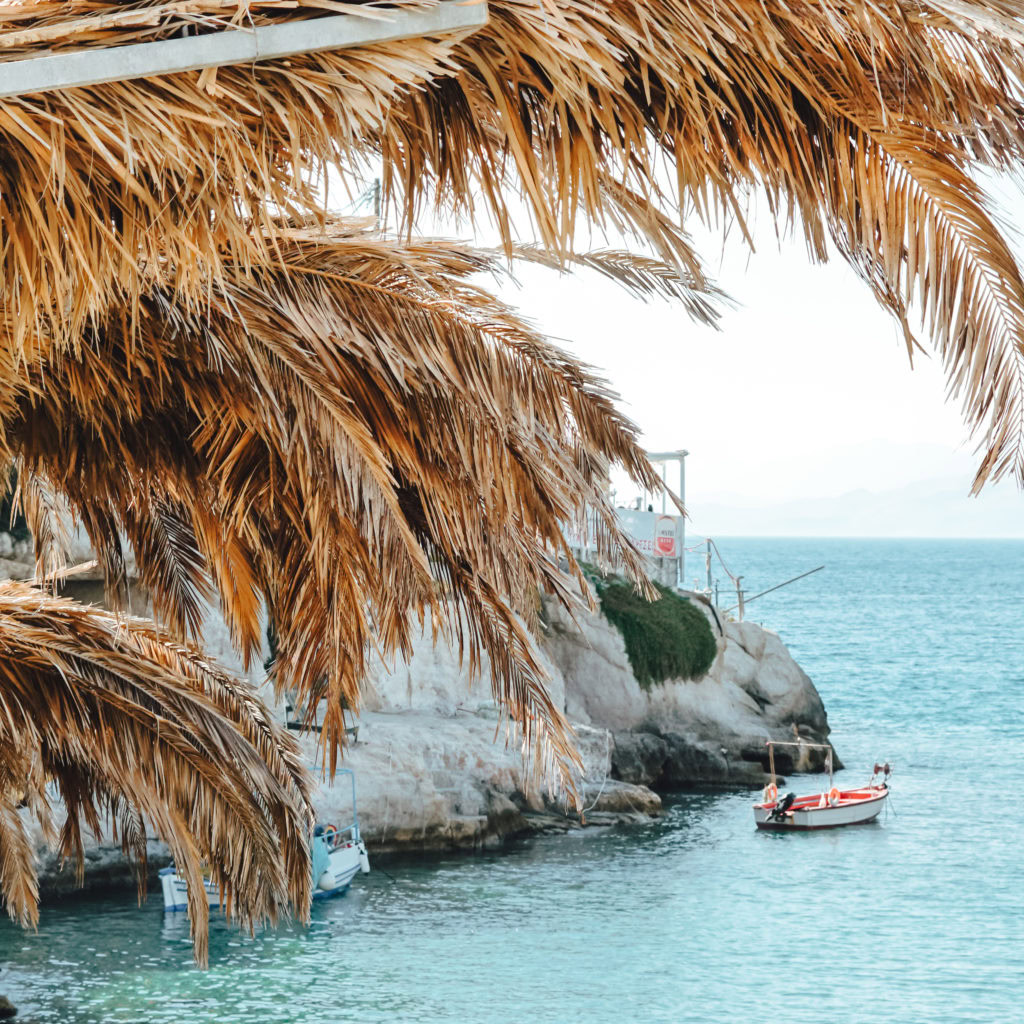 Palmenwedel vor blauem Wasser und kleinem Boot in Matala