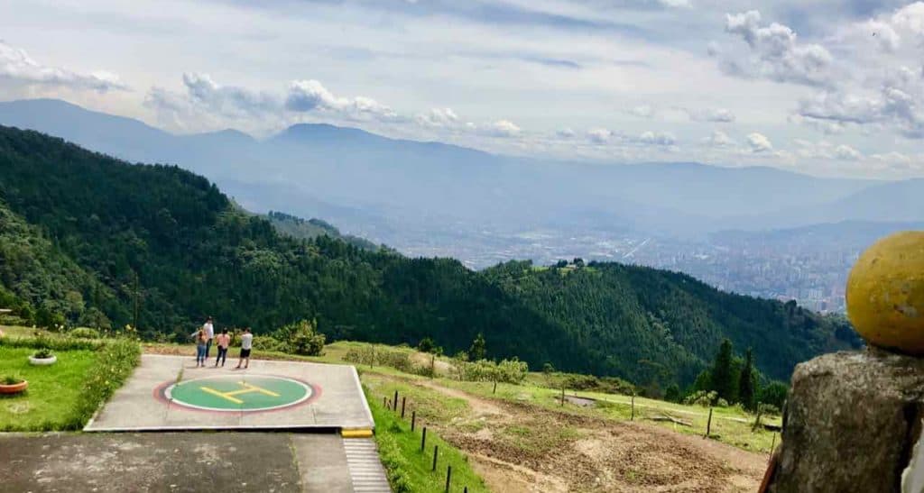La Catedral - view of the helicopter landing pad and Medellin in the distance
