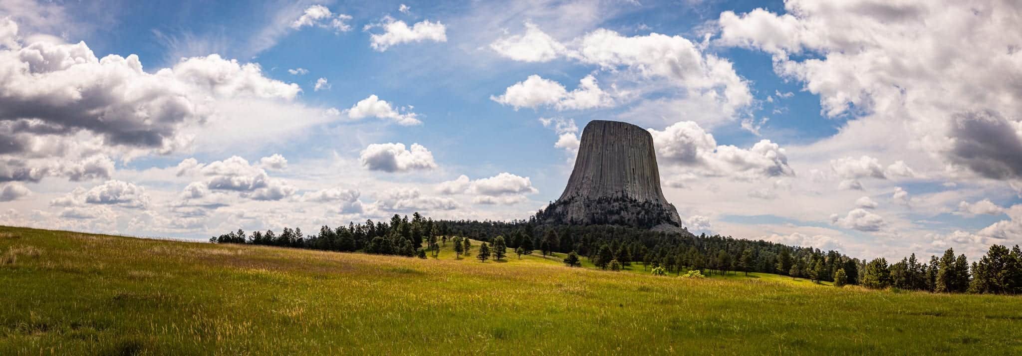 A panoramic view of Devil's Tower National Monument near Hulett, Wyoming from Joyner Ridge Trailhead.