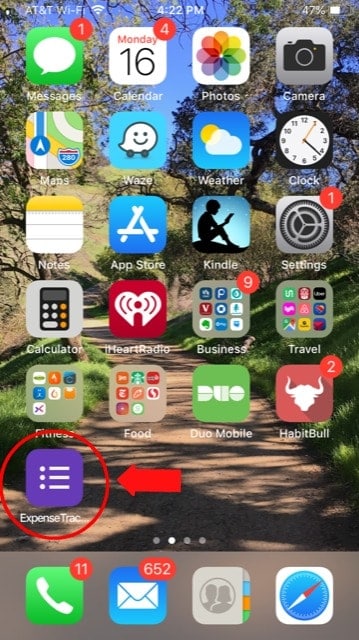 Screenshot of iPhone home page with saved Expense tracking app