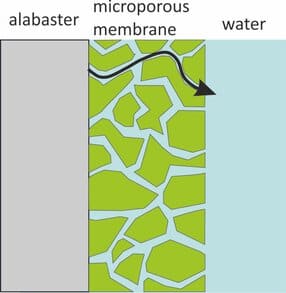 Calcium sulfate transport from membrane-covered alabaster plate to water.