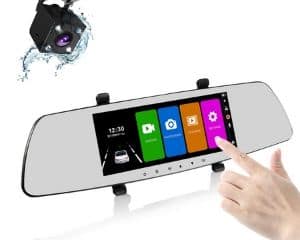 car rear view mirror with back up camera and pointing hand
