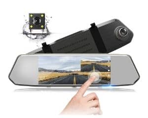 car rear view mirror with back up camera and pointing hand