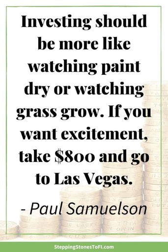 Long Pinterest image with money quote "Investing should be more like watching paint dry or watching grass grow. If you want excitement, take $800 and go to Las Vegas" by Paul Samuelson